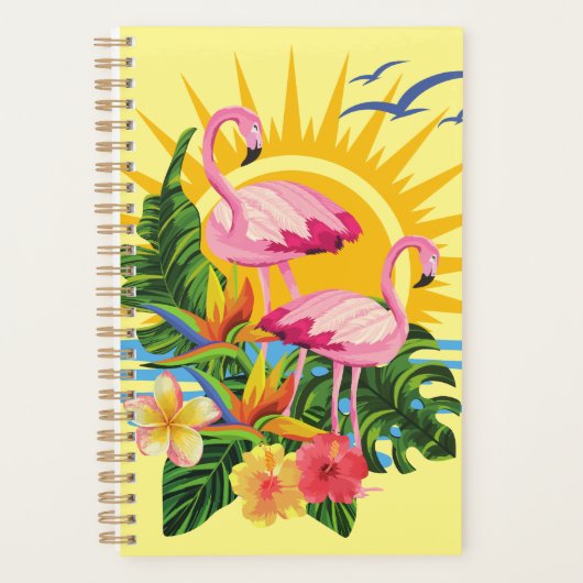 Rosa Flamingos Sonnenschein und tropische Blume Planer (Vorderseite)