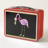 Rosa Flamingos stehend mit einer roten Bogen-Krawa Metall Brotdose (Vorderseite)