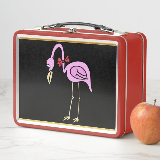 Rosa Flamingos stehend mit einer roten Bogen-Krawa Metall Brotdose (Beispiel)