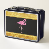 Rosa Flamingos, stehend mit Goldfolienstruktur 3 Metall Lunch Box (Rückseite)