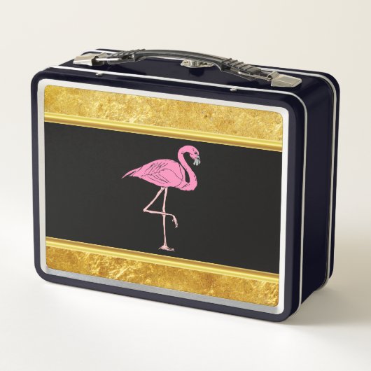 Rosa Flamingos, stehend mit Goldfolienstruktur 3 Metall Lunch Box (Rückseite)