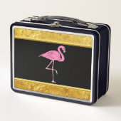 Rosa Flamingos, stehend mit Goldfolienstruktur 3 Metall Lunch Box (Vorderseite)