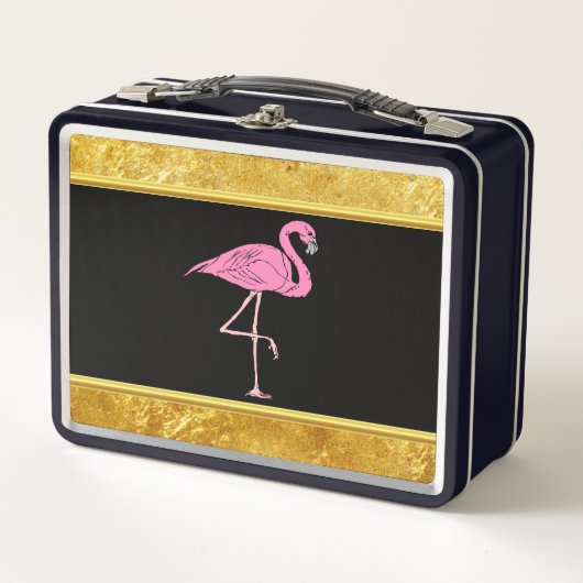 Rosa Flamingos, stehend mit Goldfolienstruktur 3 Metall Lunch Box (Vorderseite)