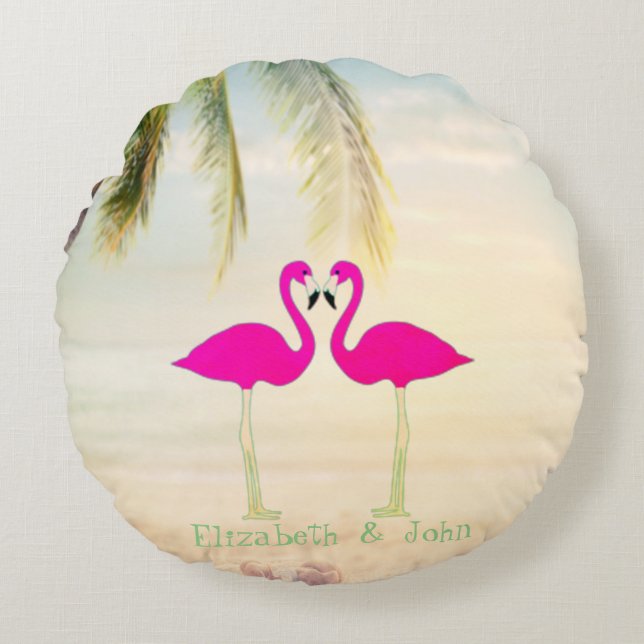 Rosa Flamingos, Strand, Palm, Personalisiert Rundes Kissen (Vorderseite)