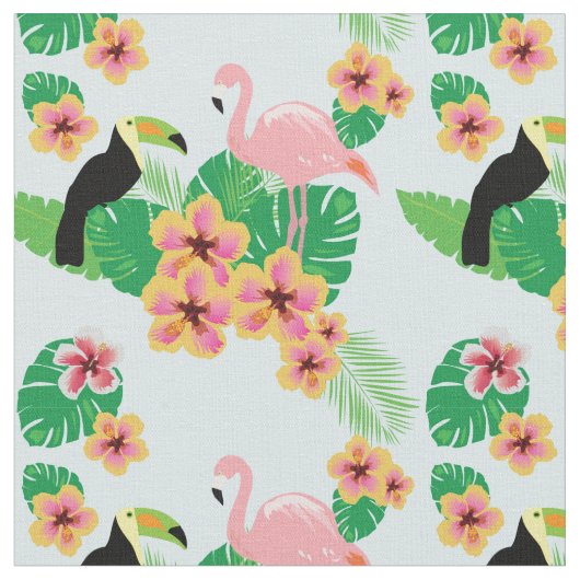 Rosa Flamingos, Toucans, tropisches Blumen-Gewebe Stoff (Nahaufnahme)