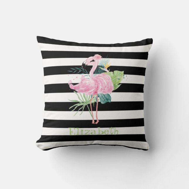 Rosa Flamingos, tropische Blätter, schwarze Streif Kissen (Vorderseite)