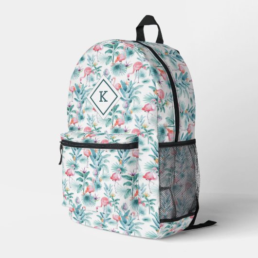 Rosa Flamingos tropische Blume Muster Bedruckter Rucksack (Rückseitige Ecke Rechts)