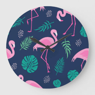Rosa Flamingos, tropische Palmen, handgezeichnet N Große Wanduhr