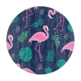 Rosa Flamingos, tropische Palmen, handgezeichnet N Schneidebrett