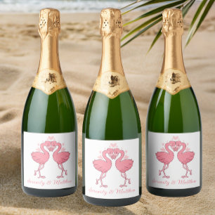 Rosa Flamingos Tropische Sommer-Strandhochzeit Schaumweinetikett