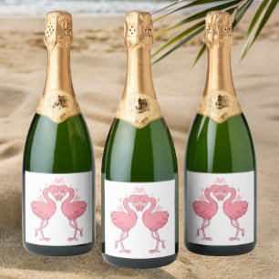 Rosa Flamingos Tropische Sommer-Strandhochzeit Schaumweinetikett