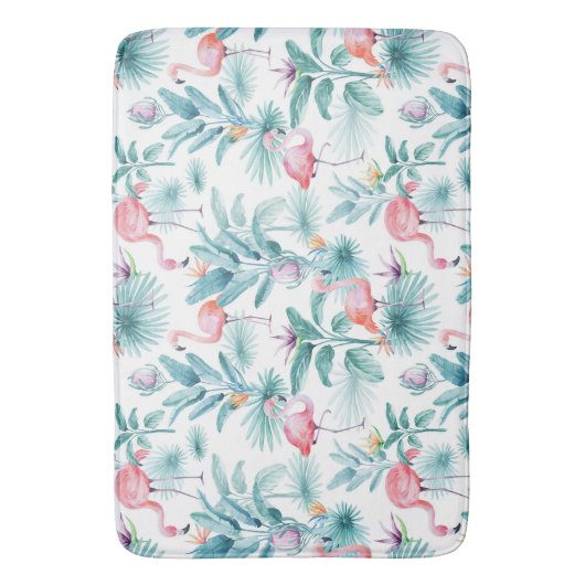 Rosa Flamingos tropisches Blätter Muster Badematte (Vorderseite Vertikal)