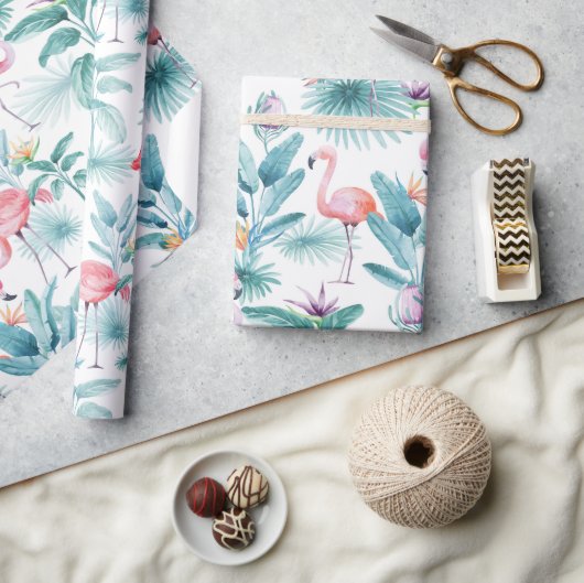 Rosa Flamingos tropisches Blätter Muster Geschenkpapier (Kunsthandwerk)