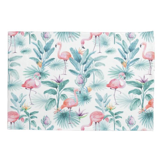 Rosa Flamingos tropisches Blätter Muster Kissenbezug (Rückseite-Links)