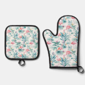 Rosa Flamingos tropisches Blätter Muster Ofenhandschuh & Topflappen-Set (Vorderseite)