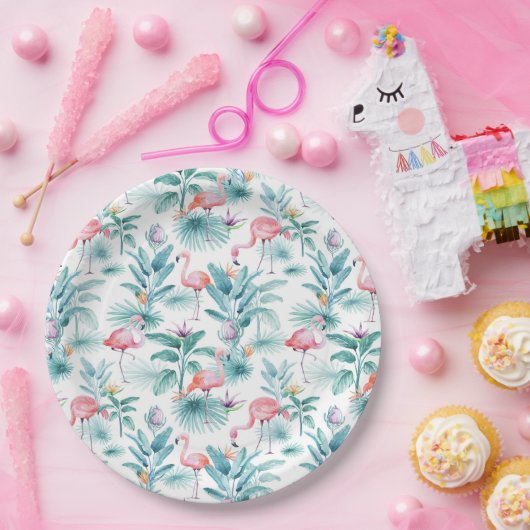 Rosa Flamingos tropisches Blätter Muster Pappteller (Party)