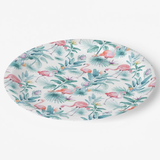 Rosa Flamingos tropisches Blätter Muster Pappteller (Schrägansicht)