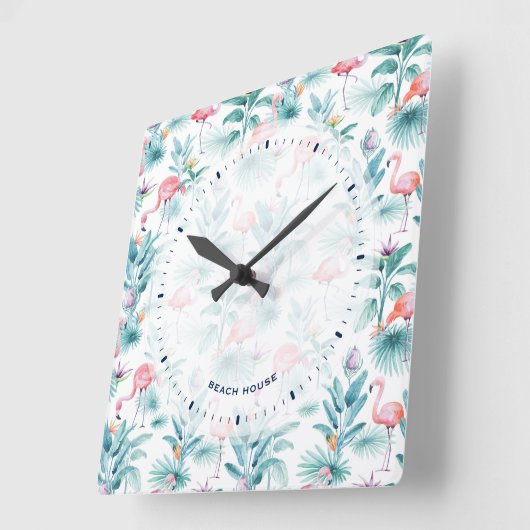 Rosa Flamingos tropisches Blätter Muster Quadratische Wanduhr (Winkel)