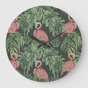 Rosa Flamingos, tropisches Vintage-Muster. Große Wanduhr