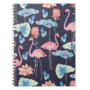 Rosa Flamingos, umgeben von Lotus-Blume und Pro Notizblock