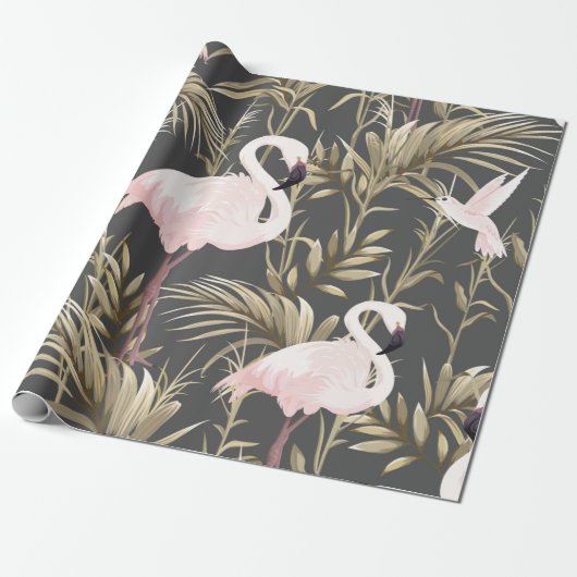 Rosa Flamingos und goldene Pflanze nahtlos Geschenkpapier (Ungerollt)