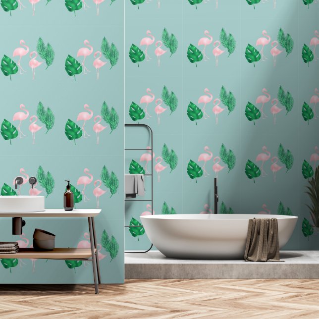 Rosa Flamingos und Palm Blätter auf Aquamarinen Tapete (Badezimmer)