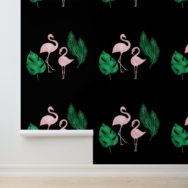 Rosa Flamingos und Palm Blätter auf schwarz Tapete (Anwendung)