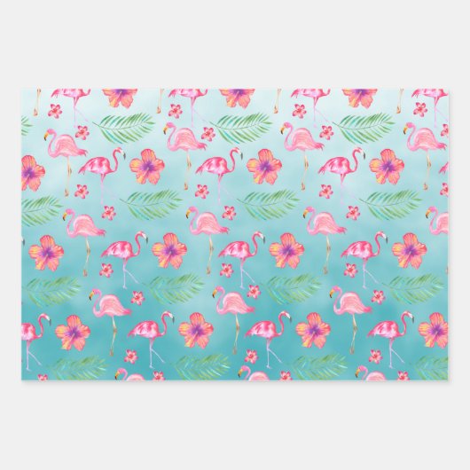 Rosa Flamingos und tropisch rosa Hibiskus Blume Geschenkpapier Set (Vorderseite 2)