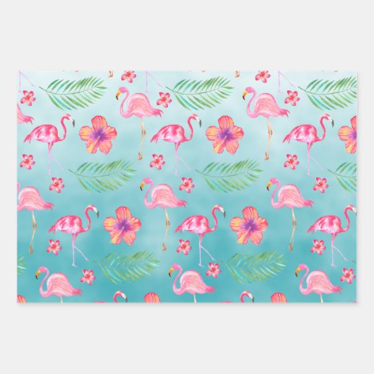 Rosa Flamingos und tropisch rosa Hibiskus Blume Geschenkpapier Set (Vorderseite)