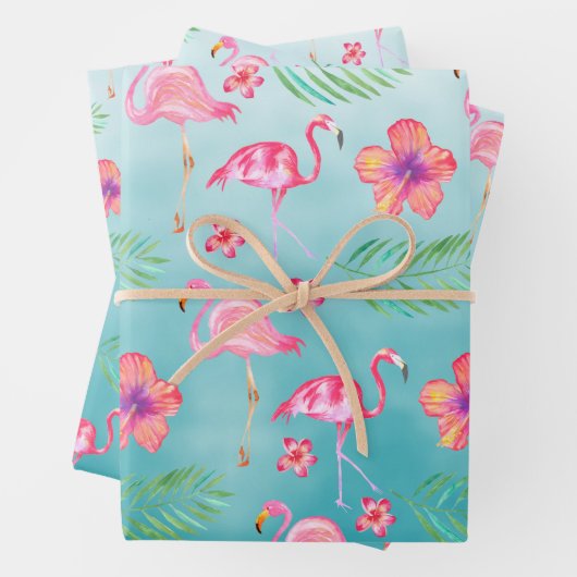 Rosa Flamingos und tropisch rosa Hibiskus Blume Geschenkpapier Set (Beispiel)