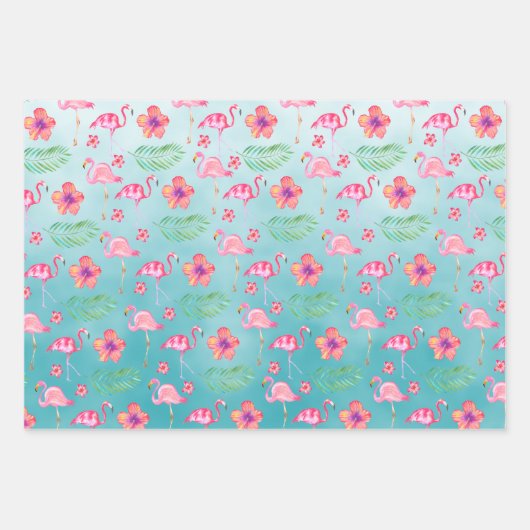 Rosa Flamingos und tropisch rosa Hibiskus Blume Geschenkpapier Set (Vorderseite 3)
