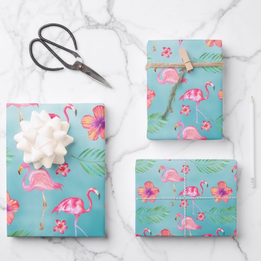 Rosa Flamingos und tropisch rosa Hibiskus Blume Geschenkpapier Set (Vorderseite)
