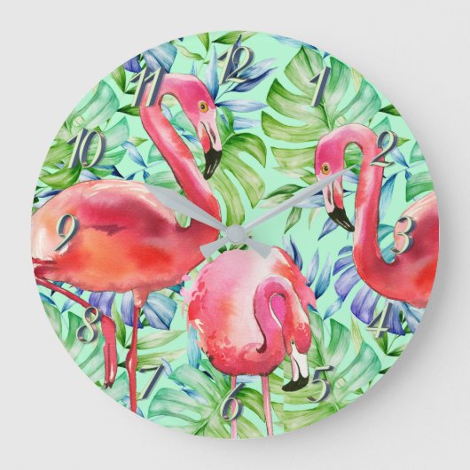Rosa Flamingos und tropische Blätter-Uhr Große Wanduhr (Vorderseite)