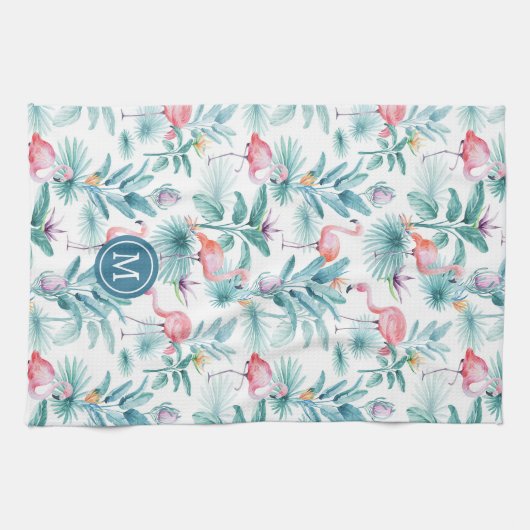 Rosa Flamingos und tropische Blume Geschirrtuch (Horizontal)