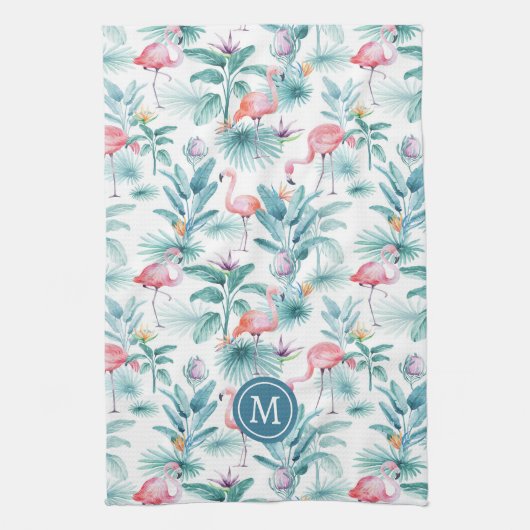 Rosa Flamingos und tropische Blume Geschirrtuch (Vertikal)