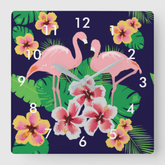 Rosa Flamingos und tropische Blumen-Wand-Uhr Quadratische Wanduhr