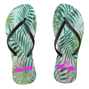 Rosa Flamingos verliebt auf Palmwedeln Badesandalen