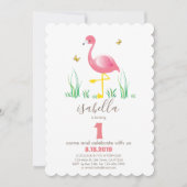 Rosa Flamings Girl 1. Geburtstagskarte Einladung (Vorderseite)