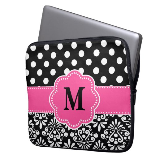 Rosa Fleck-Damast-Monogramm-Laptop-Hülse Laptopschutzhülle (Vorderseite Links)