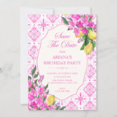 Rosa Fliesenmuster Blumenkunst Save The Date (Vorderseite)