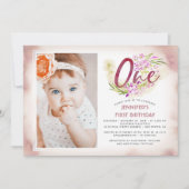 Rosa Flora 1. Geburtstag Foto Einladung (Vorderseite)