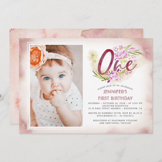 Rosa Flora 1. Geburtstag Foto Einladung (Vorne/Hinten)