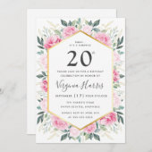 Rosa Flora 20. Geburtstagsfeier Einladung (Vorne/Hinten)