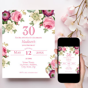 Rosa Flora 30. Geburtstag Einladung