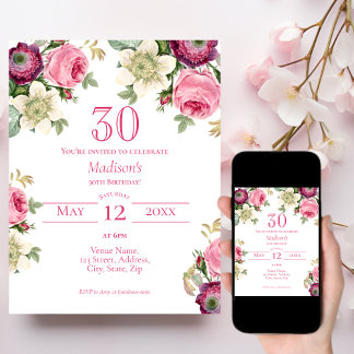 Rosa Flora 30. Geburtstag Einladung