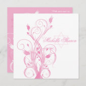 Rosa Flora auf weißem Bat Mitzvah Einladung (Vorne/Hinten)