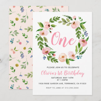 Rosa Flora Einladung zum 1. Geburtstag | Peony Gir