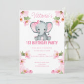 Rosa Flora Elefant 1. Geburtstag Einladung (Stehend Vorderseite)