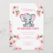 Rosa Flora Elefant 1. Geburtstag Einladung (Vorne/Hinten)