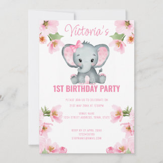 Rosa Flora Elefant 1. Geburtstag Einladung